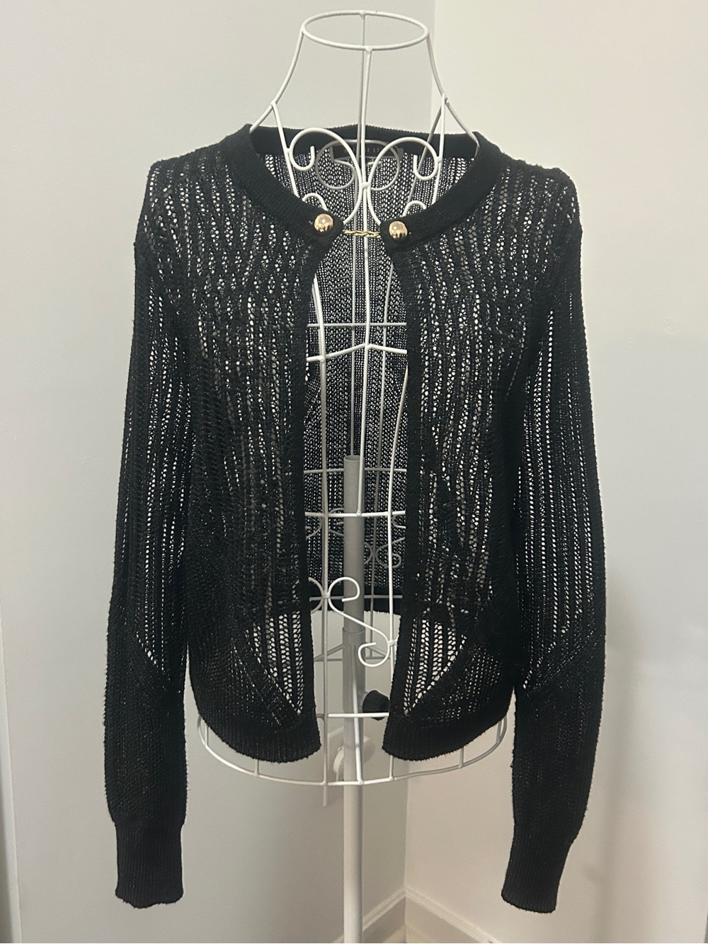 Melanie Lyne Black Metallic Open Knit Cardigan Sweater Gold Chain Clasp Size S